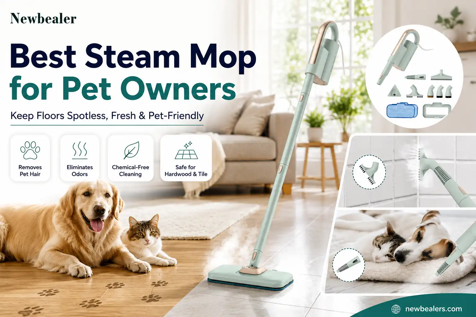 Newbealer best steam mop for pet owners cleaning hardwood and tile floors with chemical-free steam, removing pet hair, odors, and everyday pet messes.